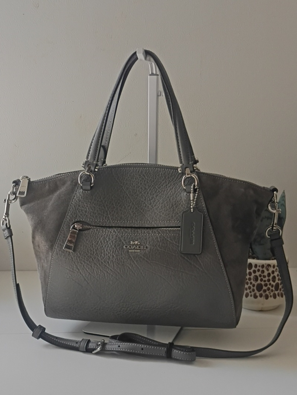 Coach Prairie Satchel in gray pebble leather Crossbody shoulder purse f79999